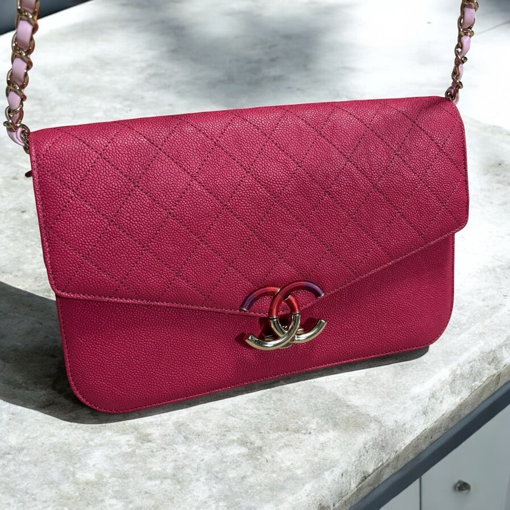 CHANEL Hot Pink/Gradient Straps Caviar Thread Around Flap Bag